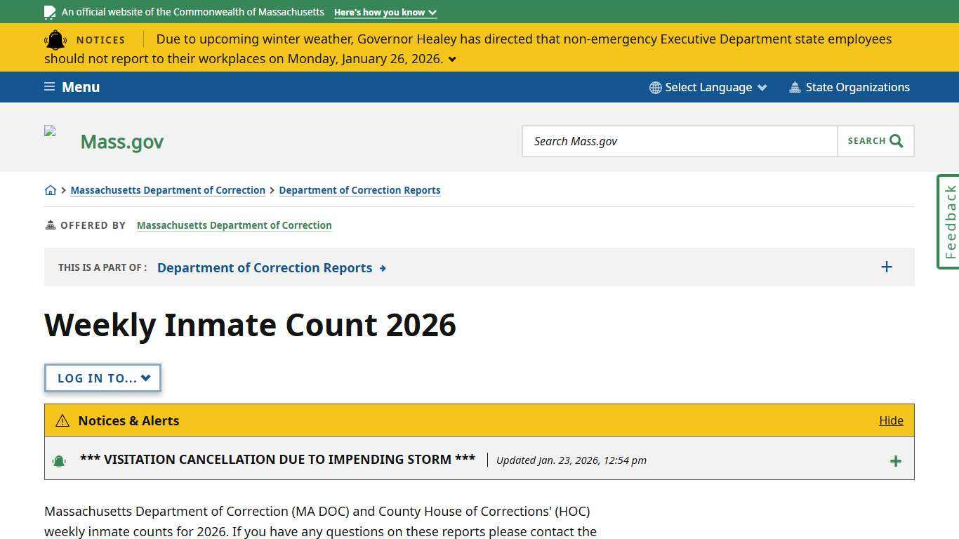 Weekly Inmate Count 2026 Mass.gov